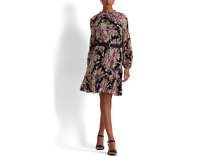RALPH LAUREN Floral Crinkle Georgette Tie-Neck Dress