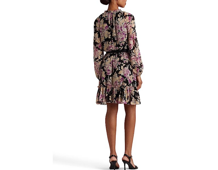 RALPH LAUREN Floral Crinkle Georgette Tie-Neck Dress