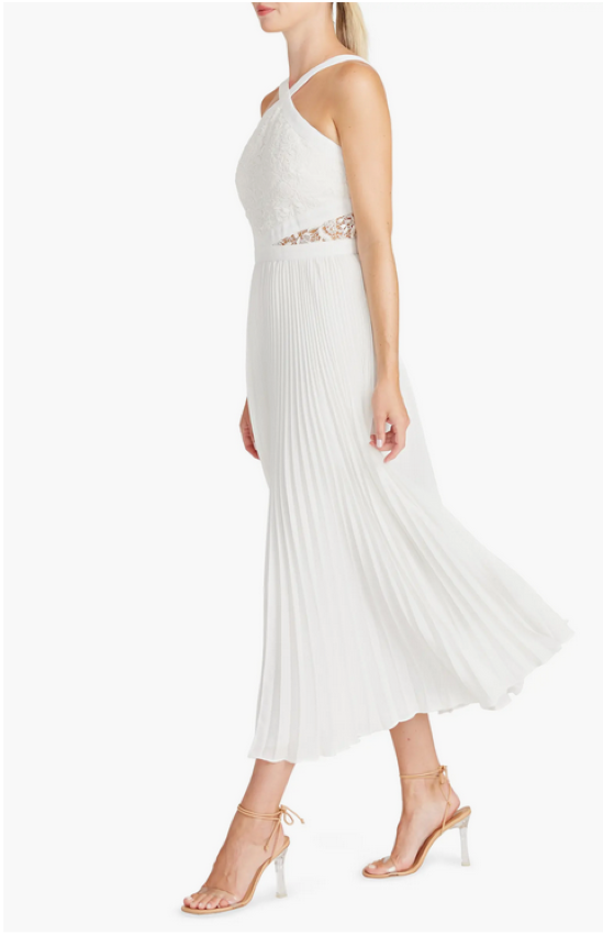 ML Monique Lhuillier Pleated Lace Trim Midi Dress