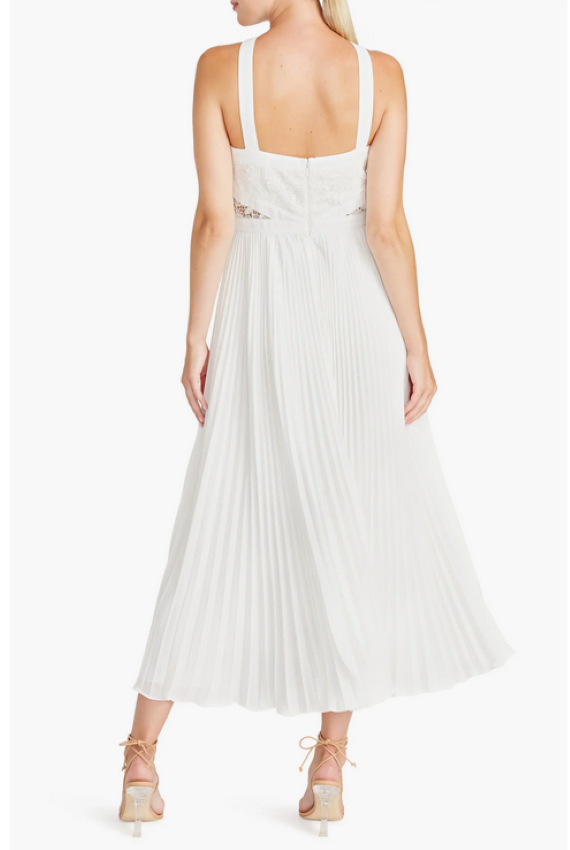 ML Monique Lhuillier Pleated Lace Trim Midi Dress