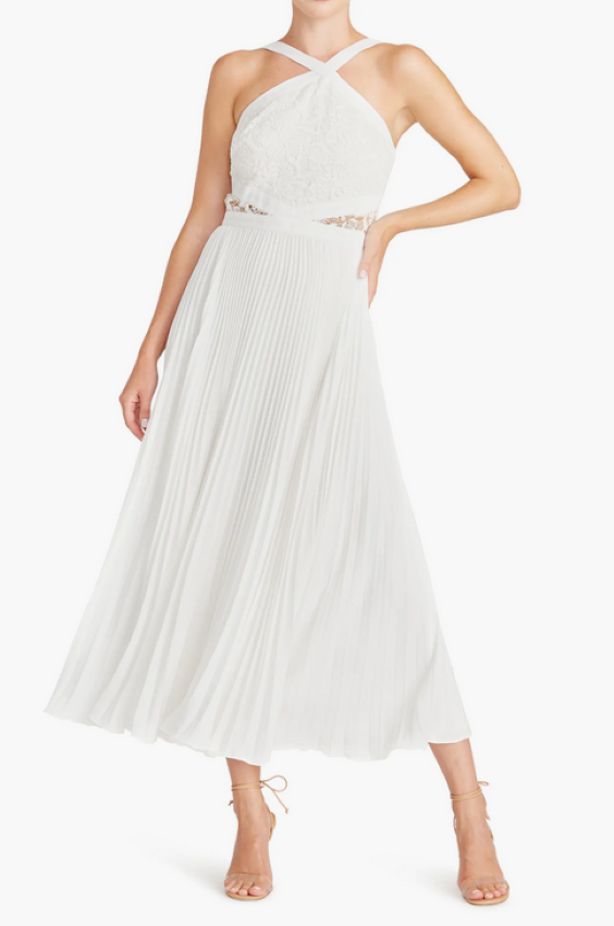 ML Monique Lhuillier Pleated Lace Trim Midi Dress