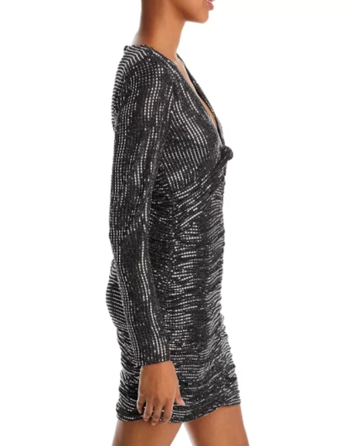 AQUA Metallic Sequined Stripe Ruched Mini Dress