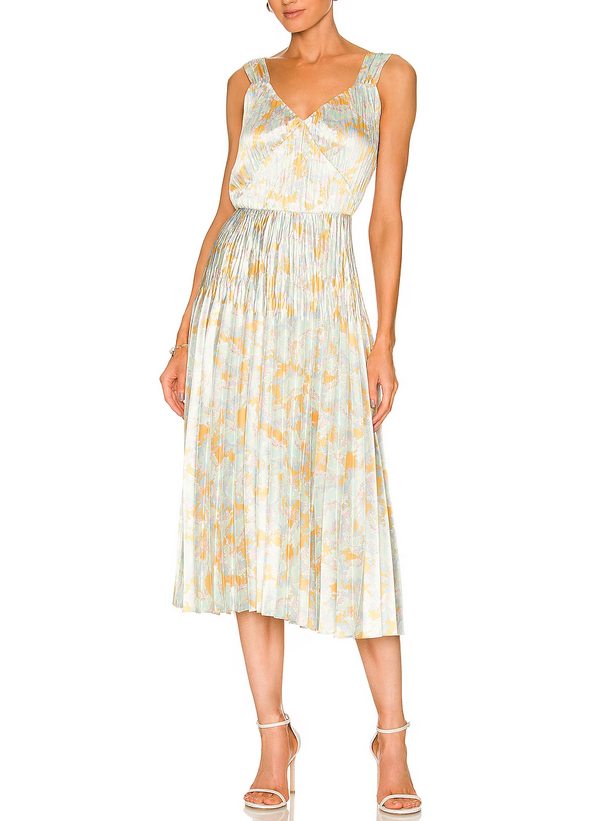 Vince Lotus Pleated V Neck Dress