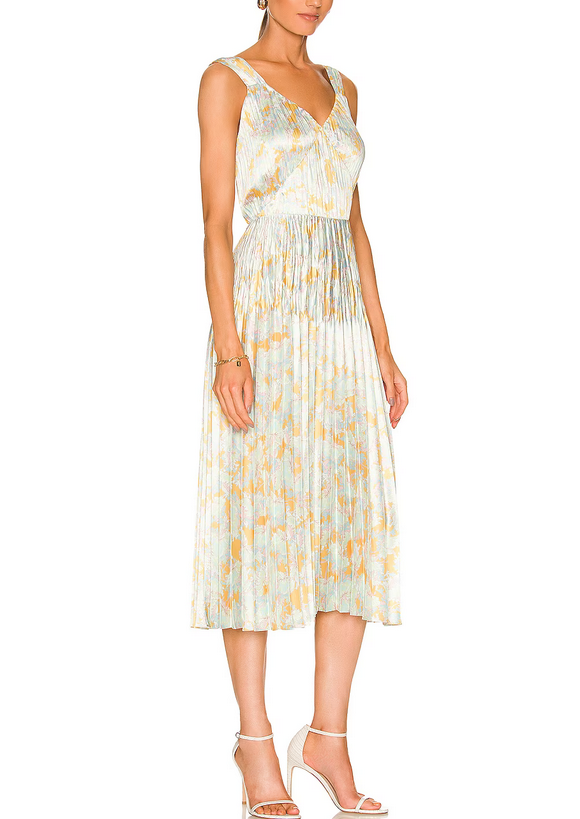 Vince Lotus Pleated V Neck Dress