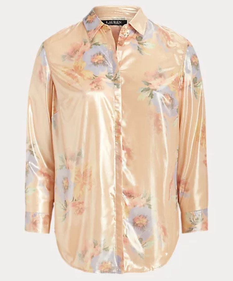 LAUREN RALPH LAUREN Petite Metallic Sheen Floral Buttoned Top