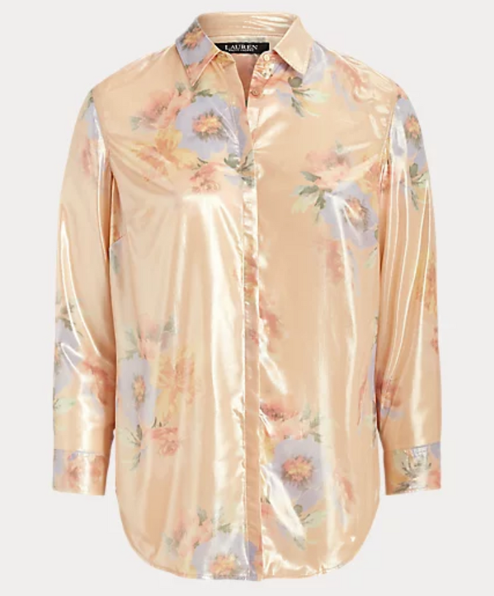 LAUREN RALPH LAUREN Petite Metallic Sheen Floral Buttoned Top
