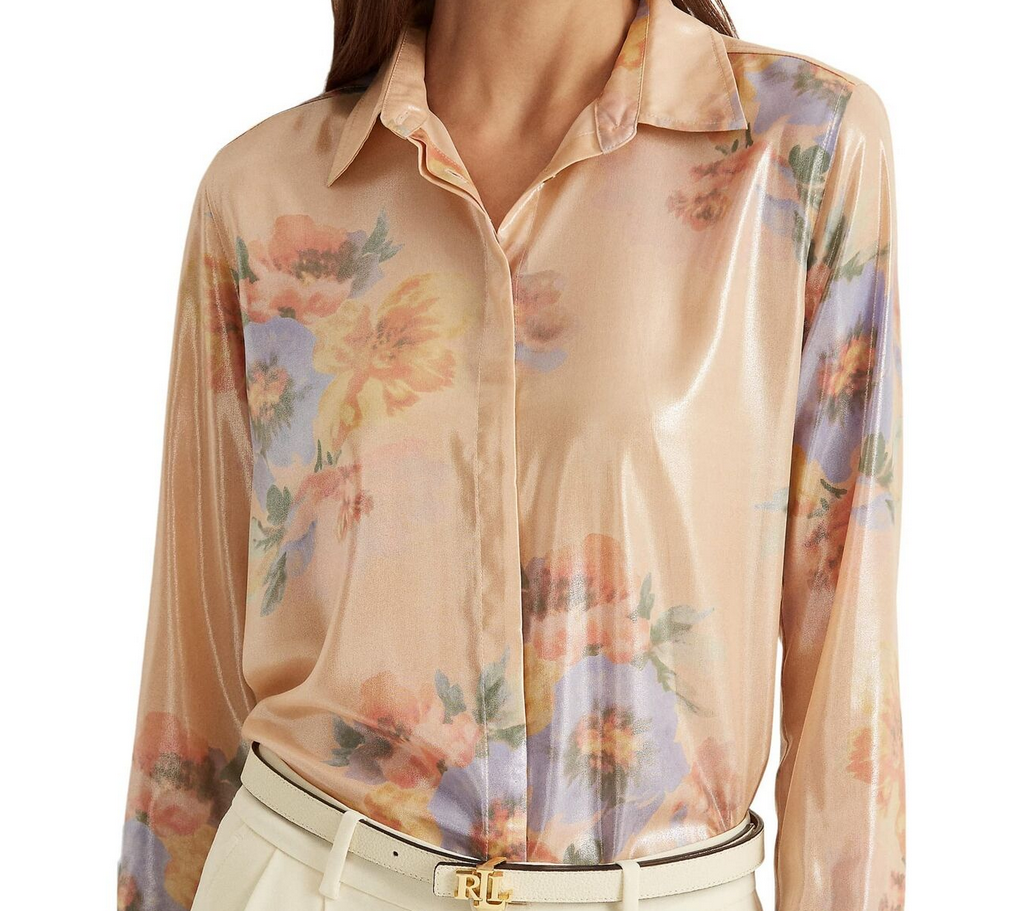 LAUREN RALPH LAUREN Petite Metallic Sheen Floral Buttoned Top