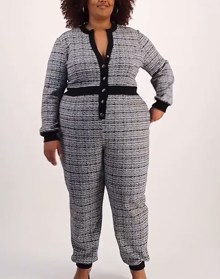 Nina Parker Plus Size Tweed Contrast-Trim Button-Front Jumpsuit