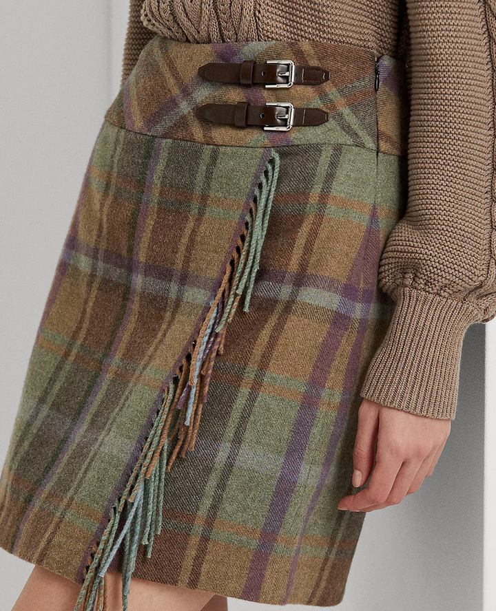 LAUREN RALPH LAUREN Plaid Fringe-Trim Tweed Mini Skirt