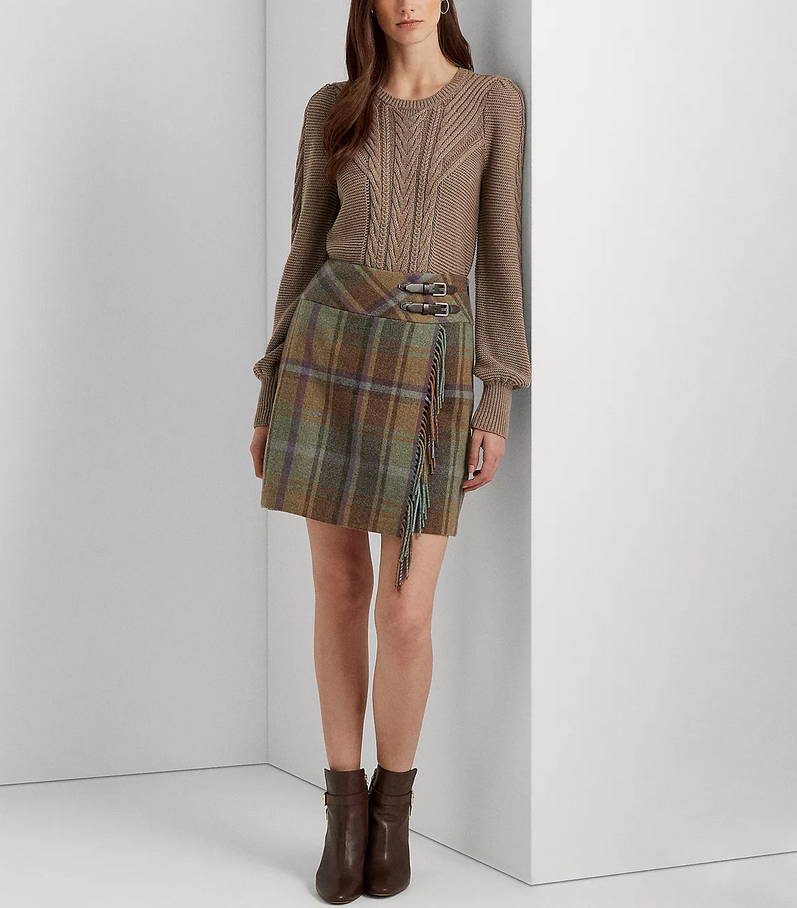 LAUREN RALPH LAUREN Plaid Fringe-Trim Tweed Mini Skirt
