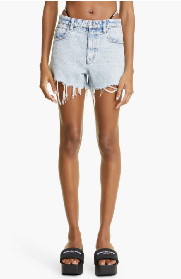 ALEXANDERWANG Embellished Logo Waist Strap Cutoff Denim Shorts