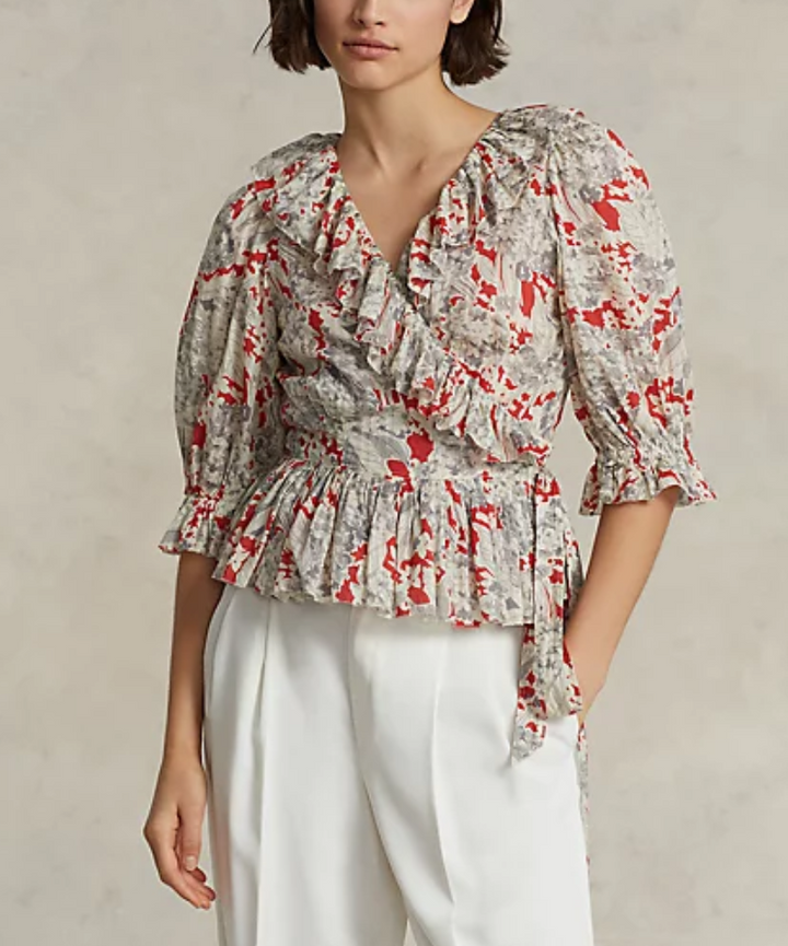 POLO RALPH LAUREN Ruffled Floral Cotton Wrap Top