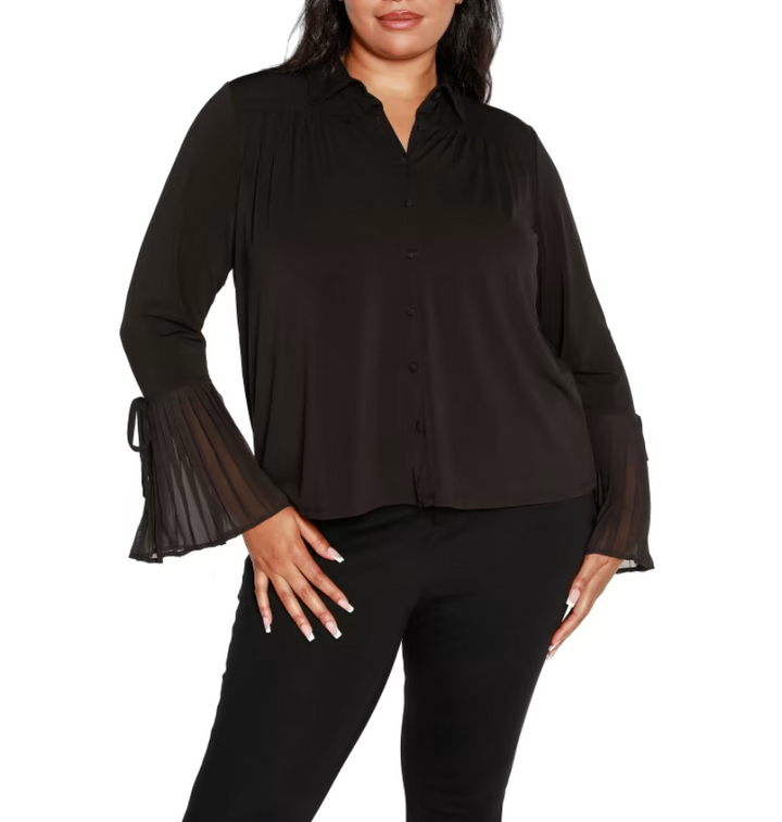 Belldini Plus Size Bell Sleeve Button Front Blouse