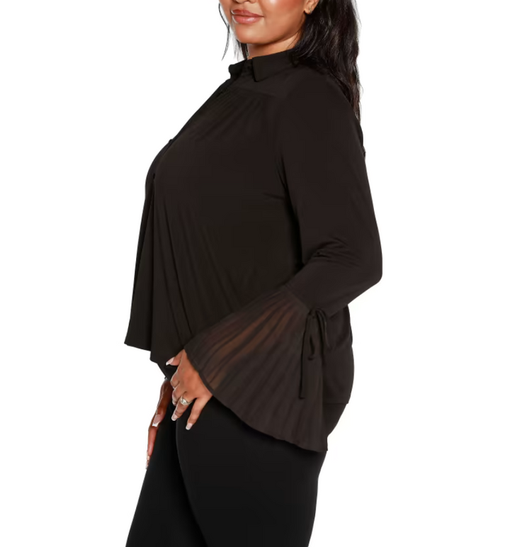 Belldini Plus Size Bell Sleeve Button Front Blouse