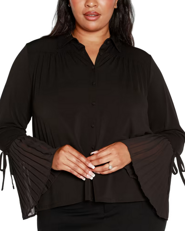 Belldini Plus Size Bell Sleeve Button Front Blouse