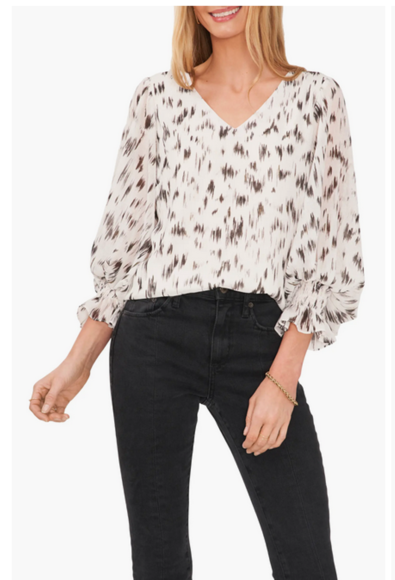 Vince Camuto Printed Blouson-Sleeve Blouse