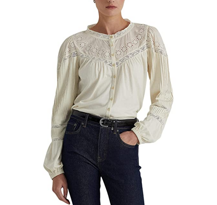 LAUREN RALPH LAUREN Eyelet-Embroidered Cotton-Blend Top