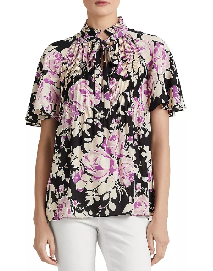 LAUREN RALPH LAUREN Petite Pleated Tie Neck Top
