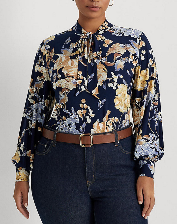 LAUREN RALPH LAUREN Plus SIze Floral Tie-Neck Stretch Jersey Top