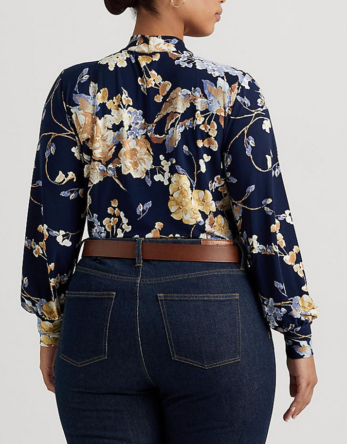 LAUREN RALPH LAUREN Plus SIze Floral Tie-Neck Stretch Jersey Top