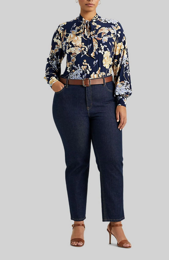 LAUREN RALPH LAUREN Plus SIze Floral Tie-Neck Stretch Jersey Top