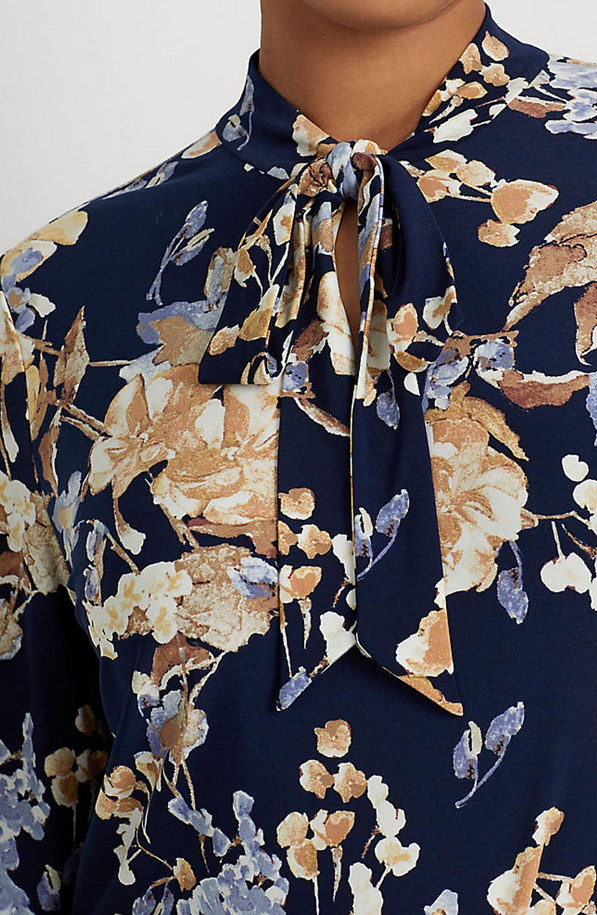 LAUREN RALPH LAUREN Plus SIze Floral Tie-Neck Stretch Jersey Top