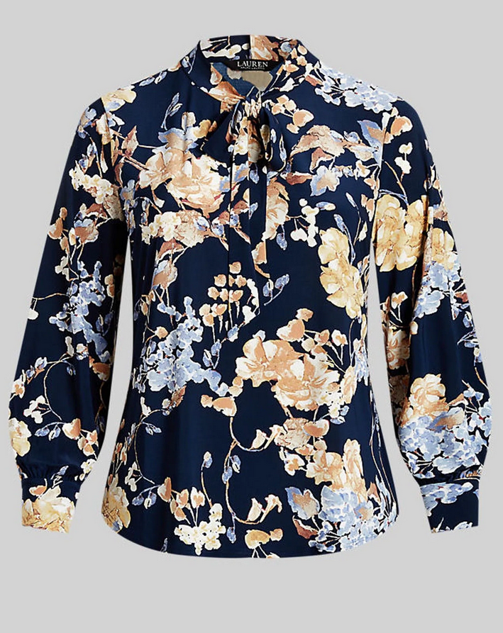 LAUREN RALPH LAUREN Plus SIze Floral Tie-Neck Stretch Jersey Top