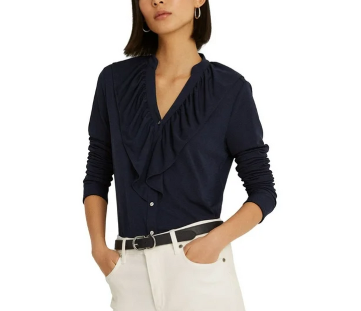 LAUREN RALPH LAUREN Ruffle-trim Stretch Jersey Shirt