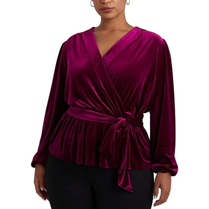LAUREN Ralph Lauren Belted Velvet Peplum Surplice Top