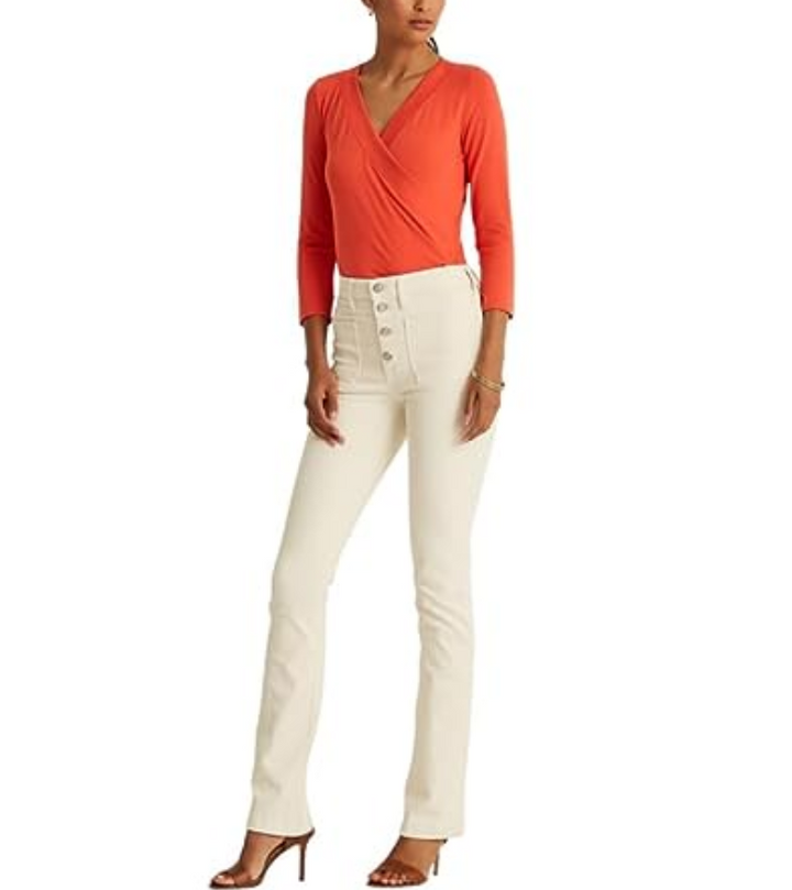 RALPH LAUREN Ruched 3/4 Sleeve Surplice Neckline Top