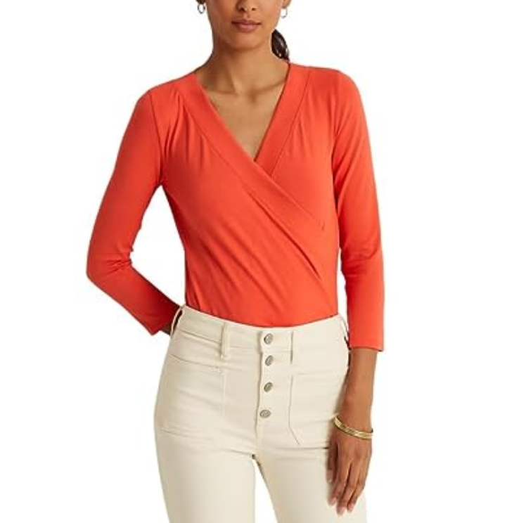 RALPH LAUREN Ruched 3/4 Sleeve Surplice Neckline Top