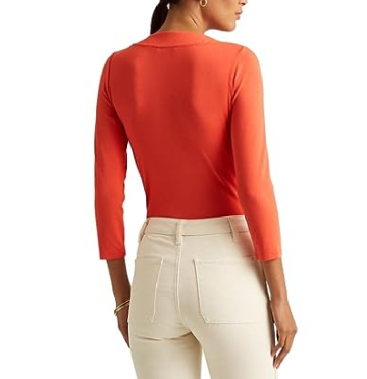 RALPH LAUREN Ruched 3/4 Sleeve Surplice Neckline Top