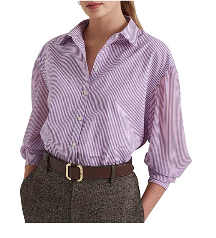 RALPH LAUREN Striped Long Sleeve Point Collar Button Up Shirt