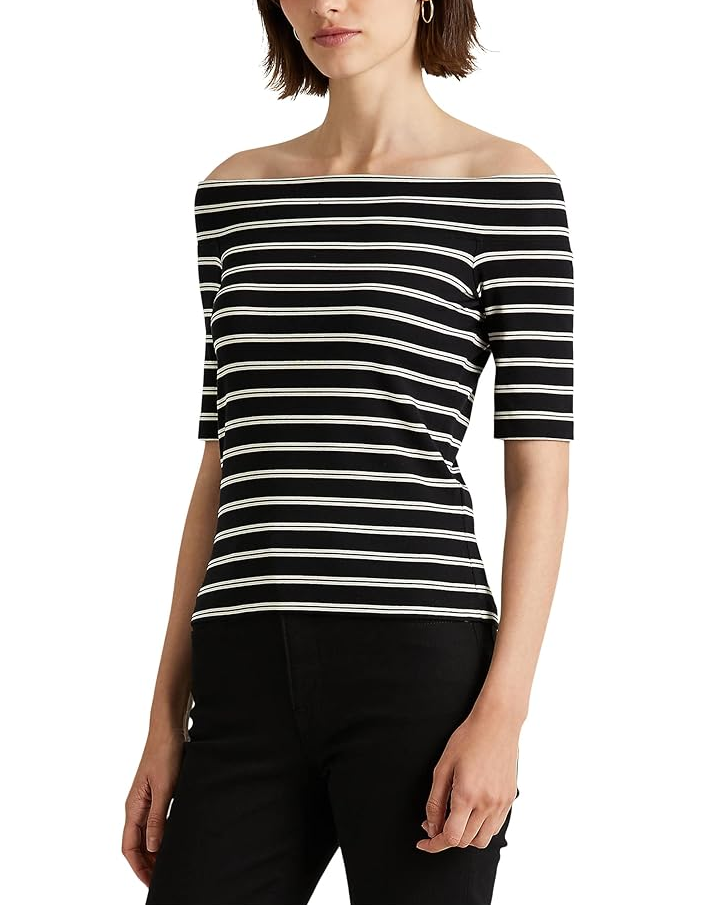 LAUREN RALPH LAUREN Striped Off-Shoulder Stretch Cotton T-Shirt
