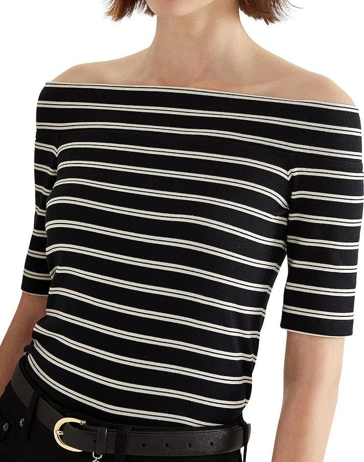 LAUREN RALPH LAUREN Striped Off-Shoulder Stretch Cotton T-Shirt