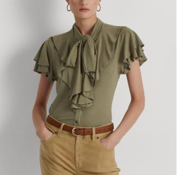 Ralph Lauren Ruffled Flutter Sleeve Tie Neck Top