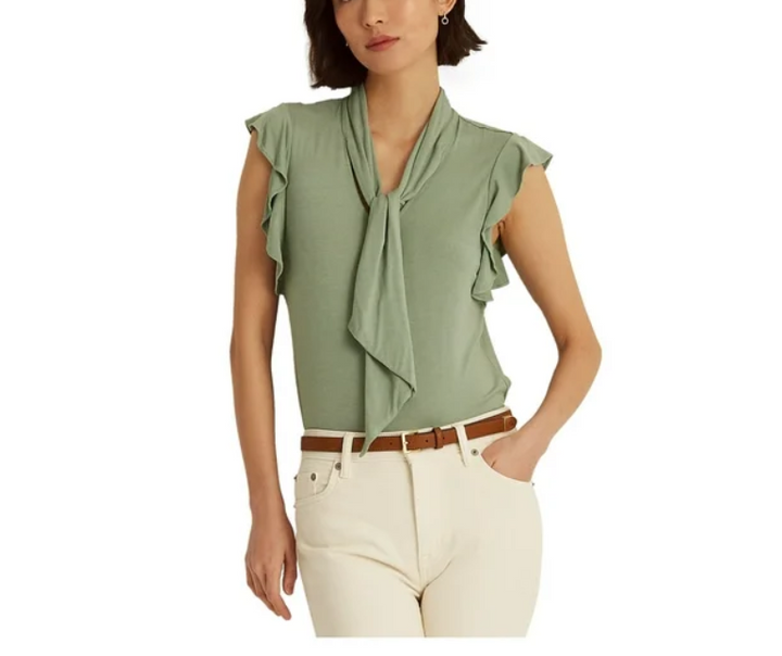 LAUREN Ralph Lauren Ruffle-Sleeve Tie Neck Top