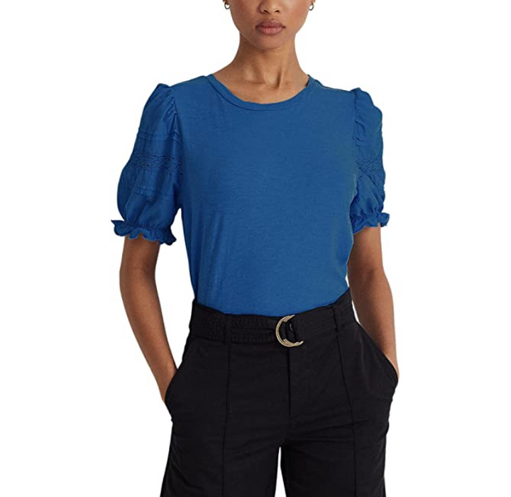 RALPH LAUREN Scalloped Pleated Lace Puff Sleeve Crew Neck Top