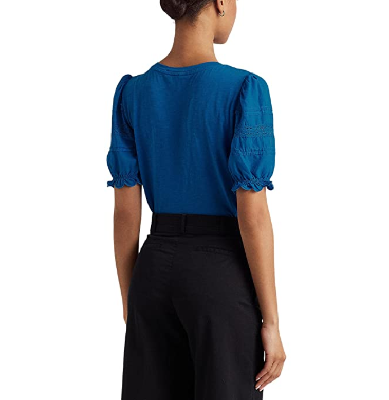 RALPH LAUREN Scalloped Pleated Lace Puff Sleeve Crew Neck Top