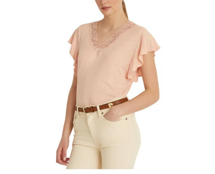 RALPH LAUREN Sheer Flutter Sleeve V Neck Top