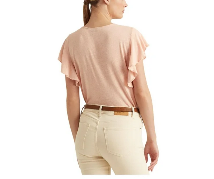 RALPH LAUREN Sheer Flutter Sleeve V Neck Top