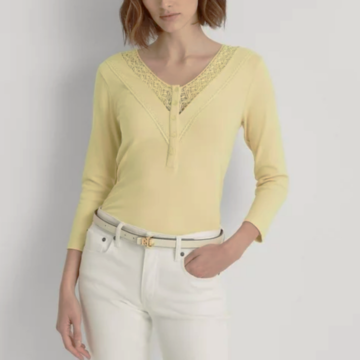 LAUREN RALPH LAUREN Lace-Trim Quarter-Placket Top