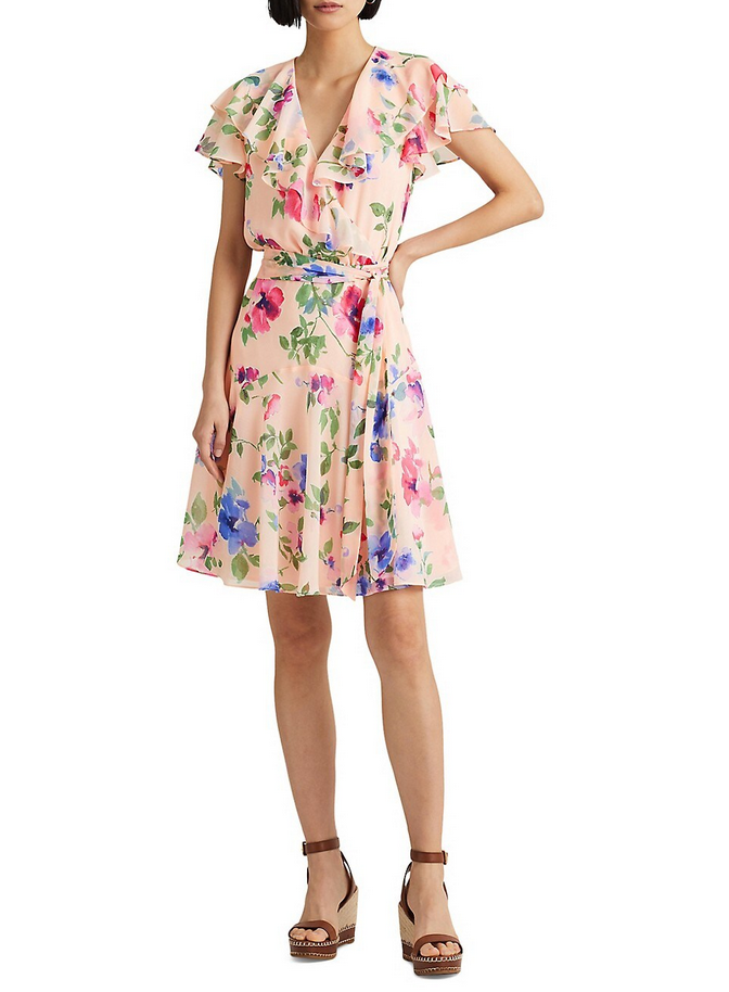 LAUREN RALPH LAUREN Petite Floral Belted Crinkle Georgette Dress