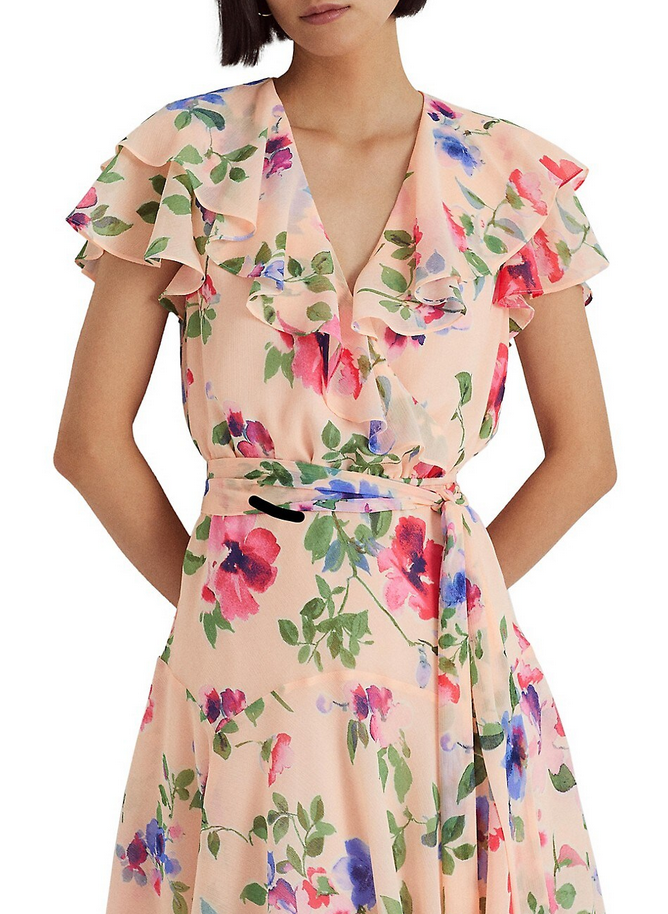 LAUREN RALPH LAUREN Petite Floral Belted Crinkle Georgette Dress