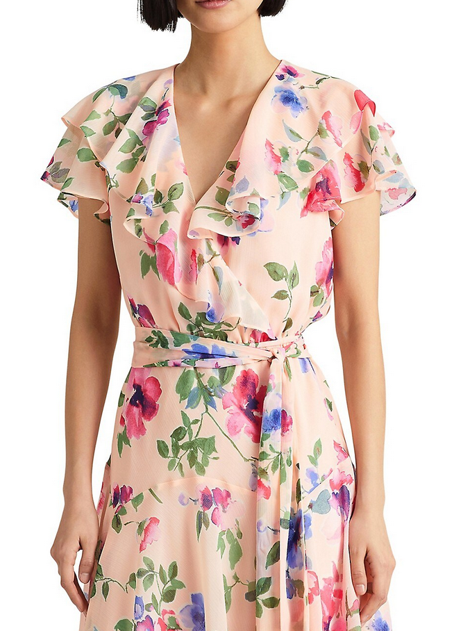 LAUREN RALPH LAUREN Petite Floral Belted Crinkle Georgette Dress