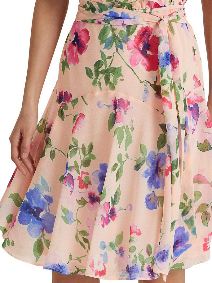 LAUREN RALPH LAUREN Petite Floral Belted Crinkle Georgette Dress