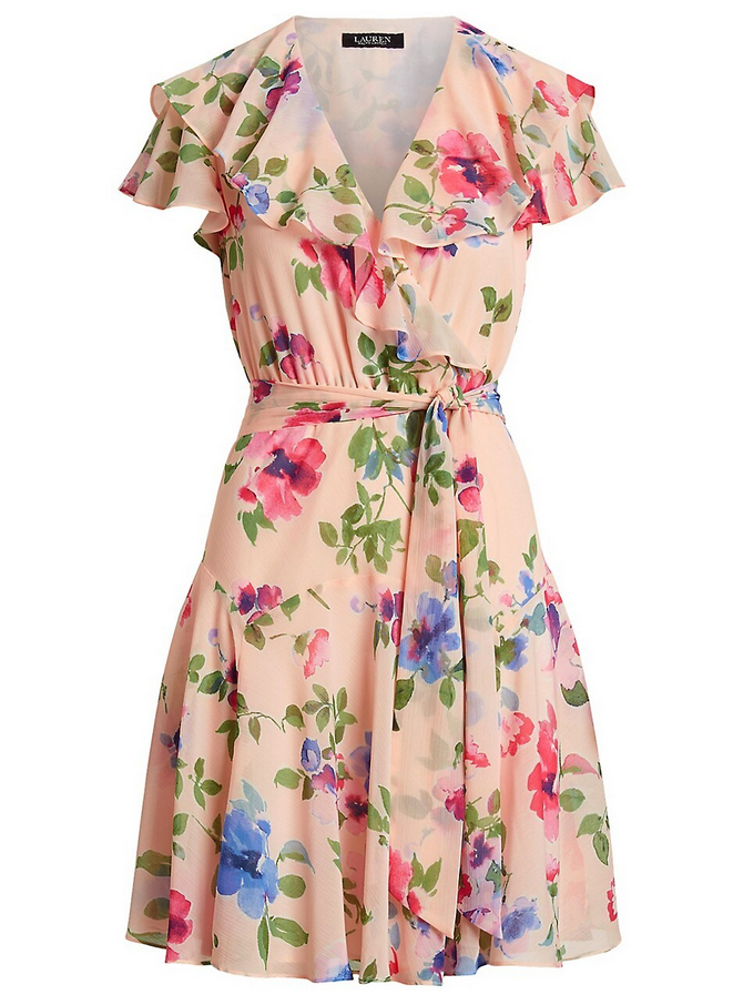 LAUREN RALPH LAUREN Petite Floral Belted Crinkle Georgette Dress