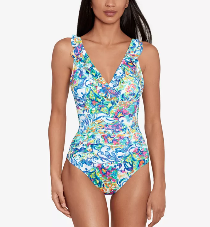 Ralph Lauren Ruffle Surplice Underwire One-Piece Swimsuit