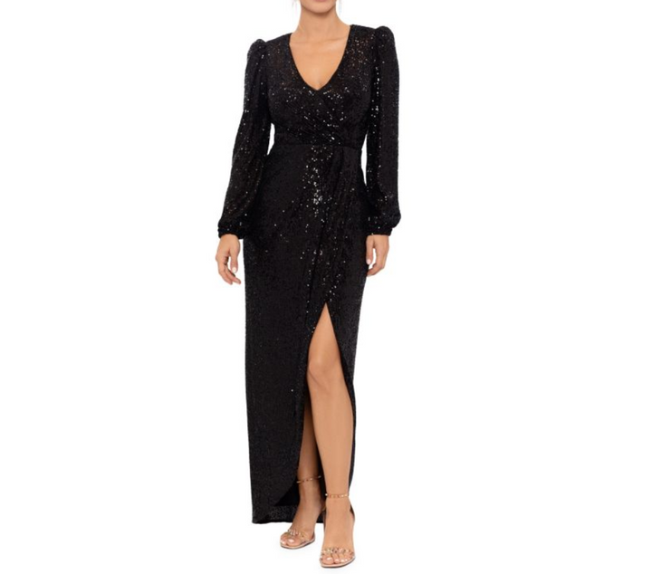 Xscape Sequin Faux Wrap Gown