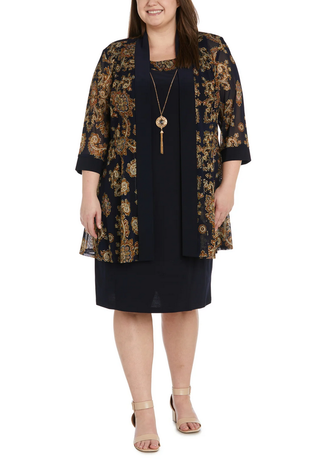 R & M Richards Plus Size 2-Pc. Printed Jacket & Necklace Dress